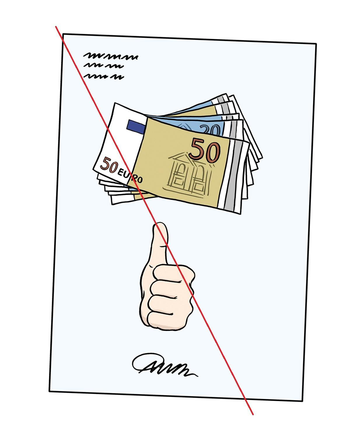 Dokument mit Geldscheinen und Daumen hoch durchgestrichen