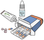 Grafik: Verschiedene Medikamente: Tabletten in einer Verpackung; Augentropfen